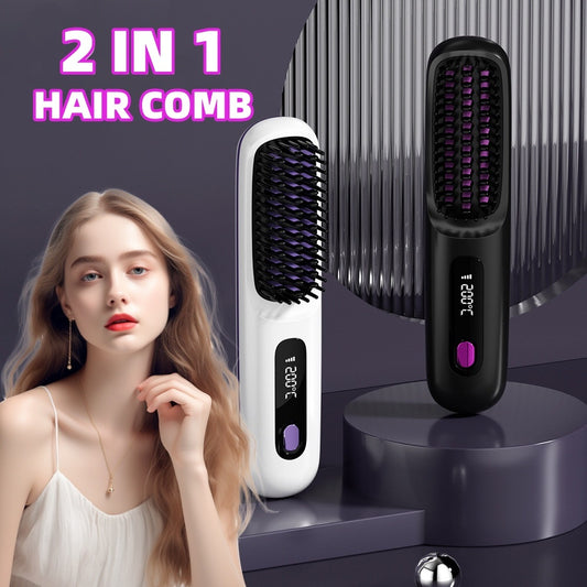 2-in-1 Wireless Hair Straightener Brush – Fast Heating Portable Comb with USB Charging